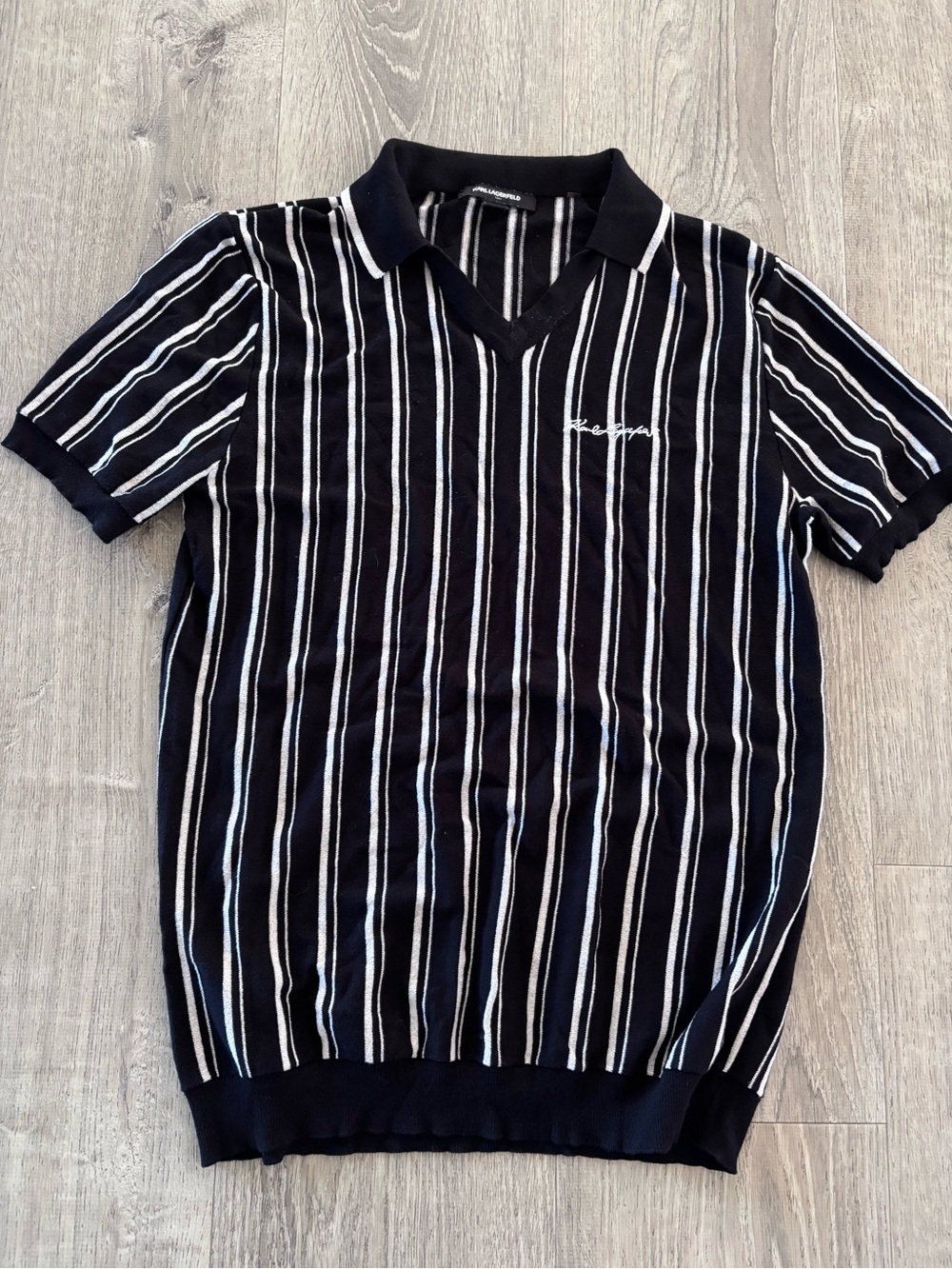 Karl Lagerfeld Black Polo with White Vertical Stripes